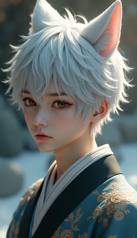 A handsome young man, Kyori has short silver-white hair., Has white fox ears, Often dressed in traditional Japanese clothing, such as kimono with intricate patterns., Virtual image, highest resolution, realistic textures, detailsมาก, Retina screen, quality...