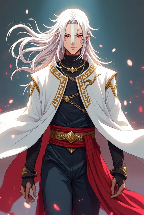 Make a murim manhwa character, with long white hair, he has a white stripe covering his eyes, he wears a white cloak with red and gold details, he is a man and handsome with a young appearance . I don&#39;t want a realistic character just from murim manhwa...