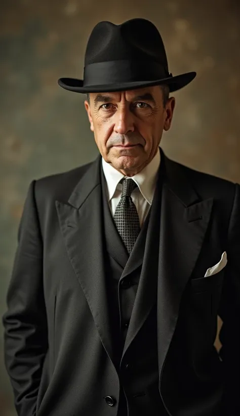 Create an image in vintage photography style of a middle-aged man with a cunning and charismatic appearance, dressed in an elegant 1920s suit. He must have a fedora and a confident expression on his face.. This man represents Victor Lustig, the famous swin...