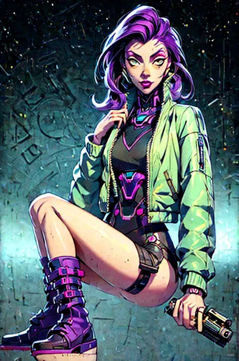 A woman in a purple jacket and black boots holding a gun , The purple hue , Vast space, Cyber punk perssonage bottom city, illustratio, Background with:black and yellow symmetry circle, cyber punk perssonage,android, A freckles, cyber girl, pretty face, si...