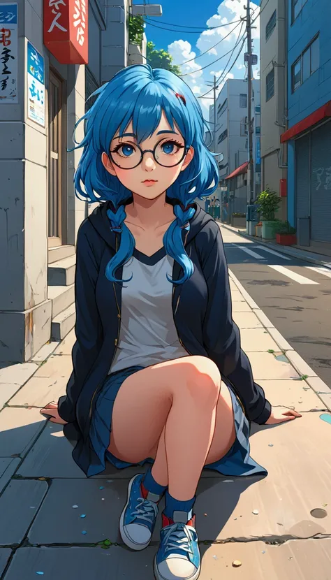 1 girl with blue hair wearing glasses sitting on a sidewalk, famous anime art, pixiv contest winner, continuous art, detailed digital anime art, anime moe art style, Guweiz-style artwork, anime style 4k, digital anime art, anime-style digital art, digital ...