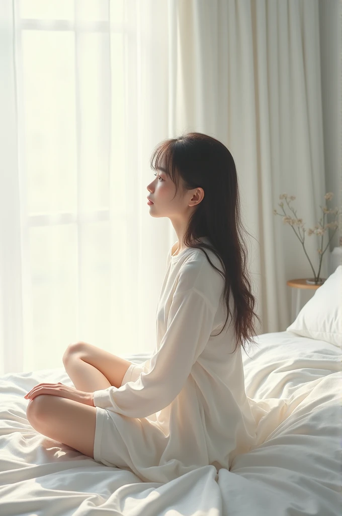 One girl sitting on a bed in white cloth