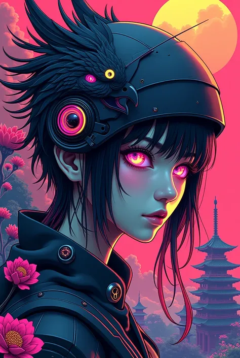 ((best quality)), ((masterpiece)), (detailed), perfect face of cyberpunk mecha japanese girl, neon rainbow eyes, metallic black helmet in the shape of a phoenix, rainbow hair, ((monochromatic neon rainbow color palette)), surreal, art nouveau, in the illus...