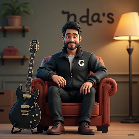 a cute adult male wearing black jacket, G letter on jacket, black hair, very little beard, brown leather shoes, sitting on a sofa, black electric guitar stand aside sofa, warehouse environment as background, 3d caricature, masterpiece, award-winning 3d car...