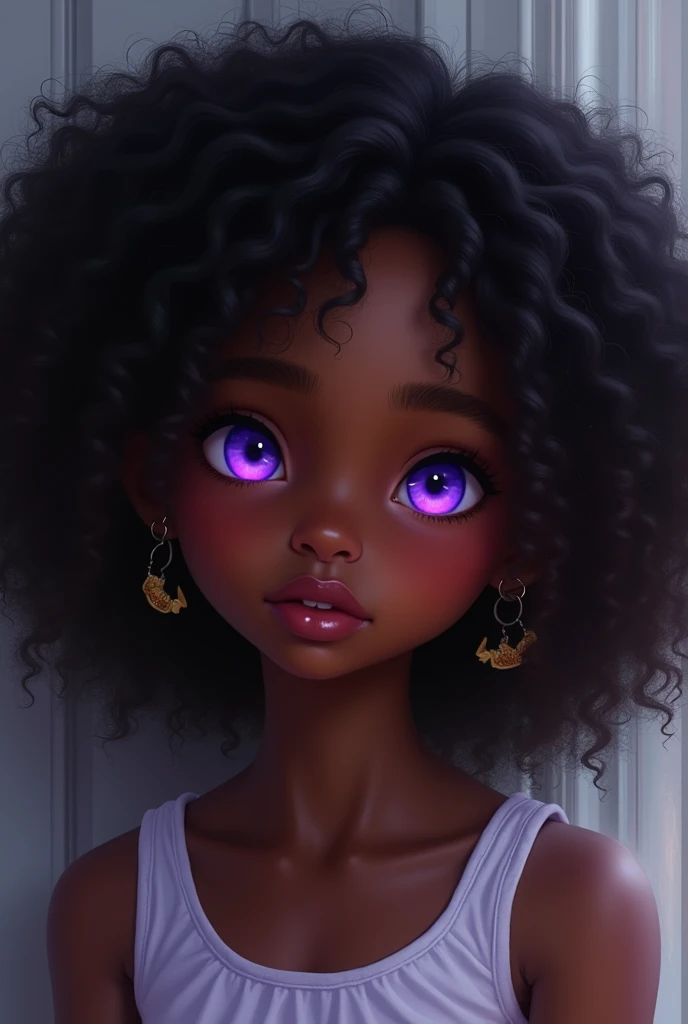 A black-skinned girl with purple eyes and curly hair. 