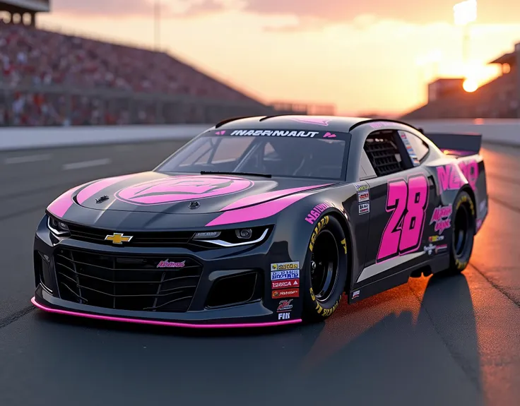 (masterpiece), (best quality), (hires), highly detailed, detailed background, cinematic lighting, outdoors, racetrack backdrop, day, black and dark grey-colored car, NASCAR racing vehicle, pink heart on hood and doors, 2020 Chevrolet Monte Carlo.