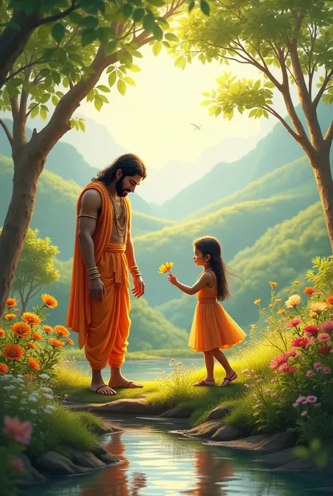 Picture a serene and enchanting setting with Sri Ram and Sita, age of 3 . The backdrop is a lush, picturesque landscape with rolling hills, vibrant greenery, and colorful blooming flowers. A gentle river or stream might flow through the scene, reflecting t...