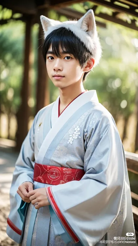 A handsome young man, Kyori has short silver-white hair., Has white fox ears, Often dressed in traditional Japanese clothing, such as kimono with intricate patterns., Virtual image, highest resolution, realistic textures, detailsมาก, Retina screen, quality...