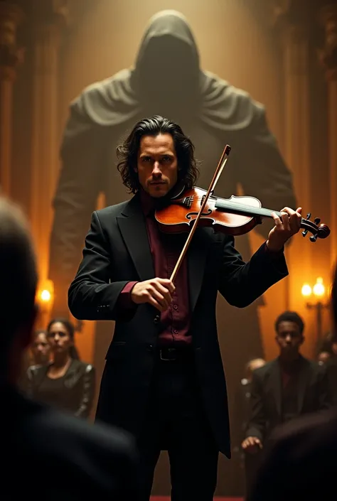 Nico Paganini full body from head to toe,  with a direct gaze, breaking the fourth wall, looking straight at the camera with an intense expression. playing his violin masterfully in a black suit and red wine-colored shirt, on a gothic style stage with lamp...