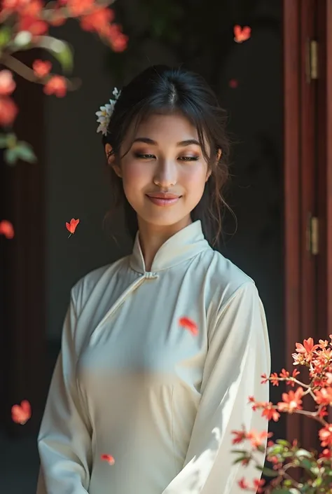 1girl, aodai white, photo art, (flower), a stunning photo with beautiful saturation, ultra high res,(realistic:1.4)),deep shadow,(best quality, masterpiece), pale skin, dimly lit, shade, flustered, blush, highly detailed, plump, BREAK depth of field, film ...