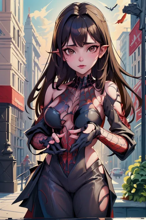 (masterpiece, Best Quality), intricate details, 8k, art station, Wallpaper, official art, splash art, sharp focus, 1 girl, by the width, black hair, Brown eyes, dark hair, spider suit, spiderweb Printing, spiderweb, Skyscraper, city, buildings, Cars, Stree...