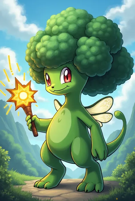 Make a drawing in the style of Pokémon art. The drawing will be of a Pokémon that is a broccoli with fairy features. This broccoli is an evolved broccoli, which from its "hair" it becomes bigger. It has to have a wand that this wand ends up in one of its p...