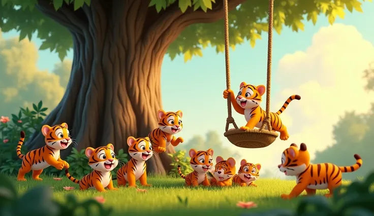 Pixar 3D anime style, Ten baby tigers are climbing a tree and playing on a swing hanging from the branch