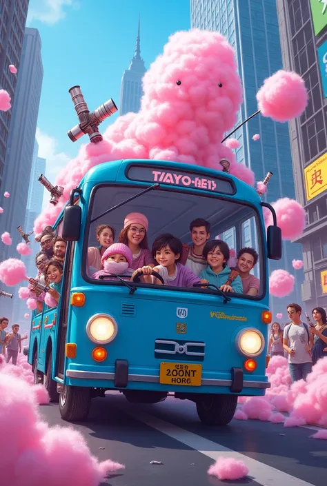 Blue Tayo bus "WE" full of cool cyberpunk cotton candy lots of weapons with a cheerful feel during the day