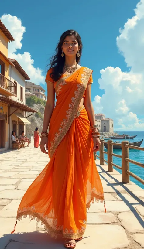 (best quality, photorealistic, ultra-detailed:1.2), A digital painting of an attractive woman walking he wearingindian sari orange. The scene includes coastal buildings and a water view, with a bright blue sky and white clouds. In the background, there is ...