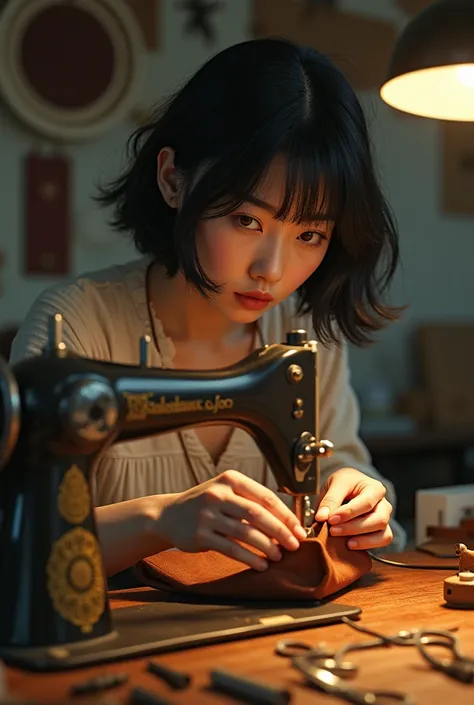 A serene Japanese beauty sits amidst a cluttered workshop, surrounded by vintage leather and humming industrial sewing machines, her short hair styled with effortless precision as she meticulously crafts an unfinished bag, her delicate features bathed in t...