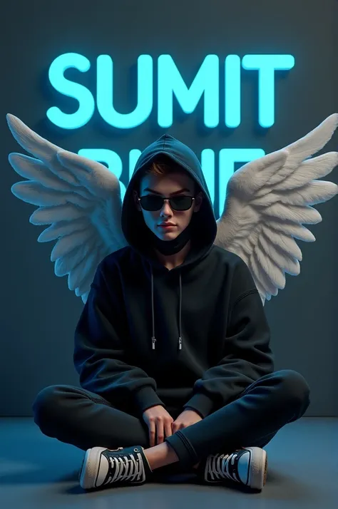 Сreate 3D Vision for a profile picture where a “2 cute boy in a black hoodie sitting casually. Wing Back Chair, Wearing sneakers, with black mask, and sunglasses, he looks shead. The background features “sumit” in hig and capital “Blue” neon light fonts th...