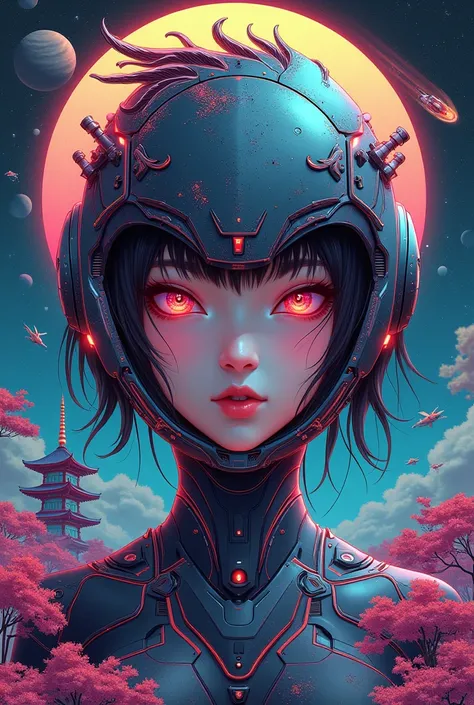 ((best quality)), ((masterpiece)), (detailed), perfect face of cyberpunk mecha japanese girl, neon rainbow eyes, metallic helmet in the shape of a rising pheonix, rainbow hair, ((monochromatic neon rainbow color palette)), surreal, art nouveau, in the illu...