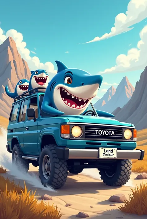 Cartoon impression of shark. Driving a Toyota Land cruiser vehicle with other sharks at the back waving.. Mountainous background