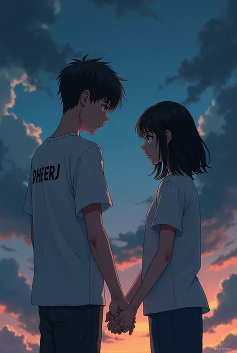 Create a matured boy and girl holding hand and boy wering t shirt on t shirt write DHEERJ On t shirt and in background create dark sky in anime virsion