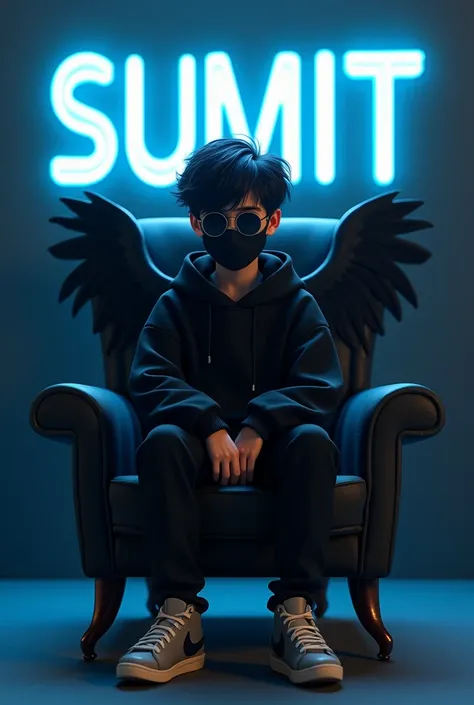 Сreate 3D Vision for a profile picture where a “1 cute boy in a black hoodie sitting casually. Wing Back Chair, Wearing sneakers, with black mask, and sunglasses, he looks shead. The background features “sumit” in hig and capital “Blue” neon light fonts th...