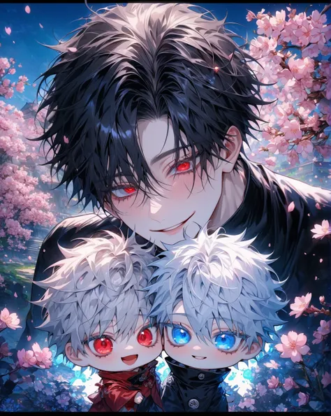 absurdres, highres, ultra detailed, HDR) master piece, best quality, extremely detailed, detailed eyes, detailed face, Gojou Satoru chibi, white hair, white eyelashes, expressive blue eyes, hair between the eyes, with bangs, Jujutsu Kaisen, Love Jinx, Kang...