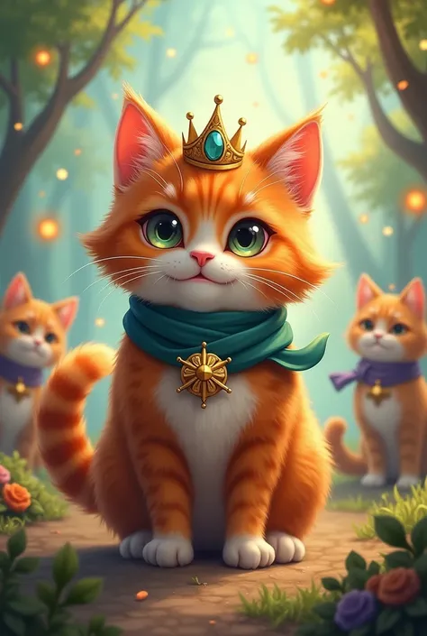 Adorable fantasy style cat being the leader of the team