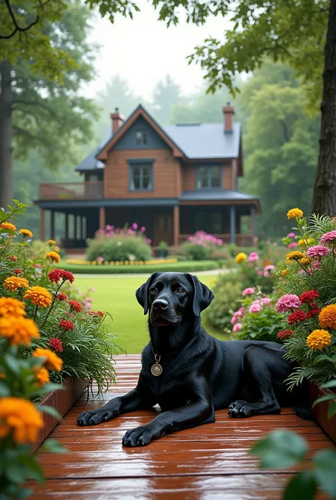 Realistic, 8K, with a grand composition, a large single-story house surrounded by greenery, featuring a wooden aesthetic. The wooden deck is wet from the rain, and theres a large garden with vibrant flowers in full bloom. A black dog is relaxing on the woo...