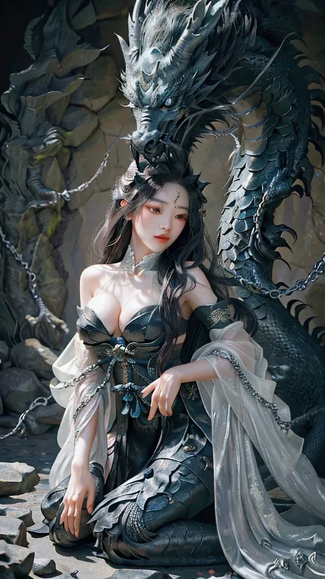 Cave.abyss,A large stone pillar,full of artistic textures,An oriental black dragon princess is kneeling on the stone osmanthus,long hair shawl,Big breasts,Black Chinese style Hanfu,Hands wrapped in chains,masterpiece, Ultra HD, Close-up,, movie lighting ef...