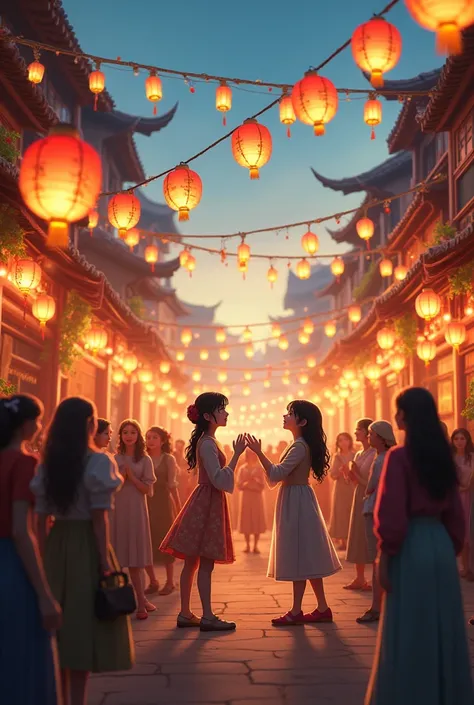 A village celebration with lanterns, music, and festive decorations. The three sisters are sharing their adventure story with the villagers, who are listening with rapt attention."