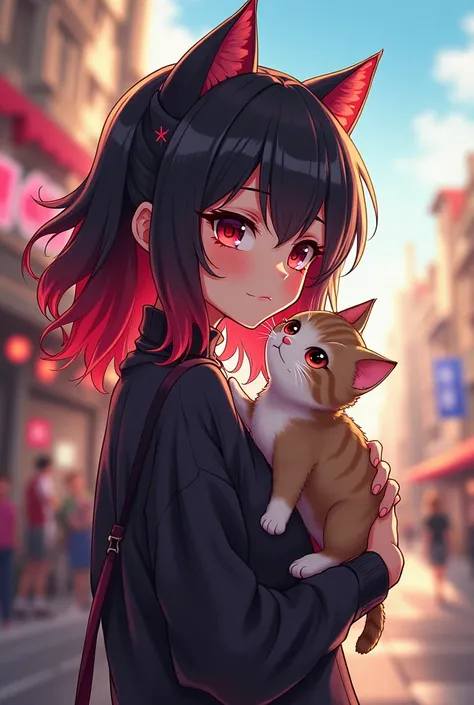 An anime illustration of a cute, cool girl with black-red gradient hair holding a kitten and watching an event


