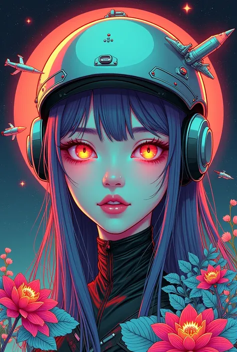 ((best quality)), ((masterpiece)), (detailed), perfect face of cyberpunk mecha japanese girl, neon rainbow eyes, metallic helmet, rainbow hair, ((monochromatic neon rainbow color palette)), surreal, art nouveau, in the illustrative style of moebius, spaces...