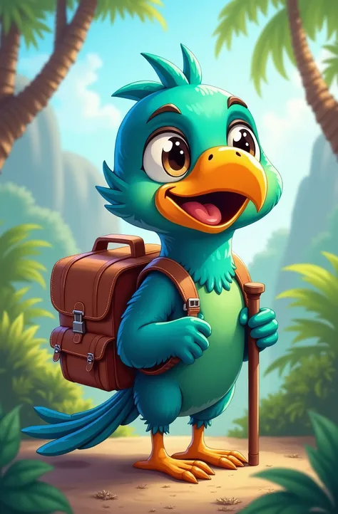 Generate a cartoon of the torogoz, the national bird of El Salvador, with a travel backpack and a cane attached to its wing