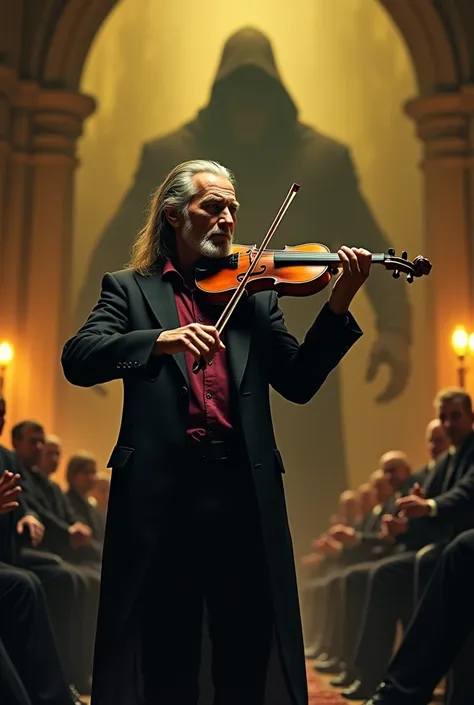 Very thin man of 60 years old, long straight hair, and long sideburns, full body from head to toe playing his violin masterfully in a black suit and red wine-colored shirt, on a gothic style stage with yellowish light lamps, a large and shadowy figure behi...