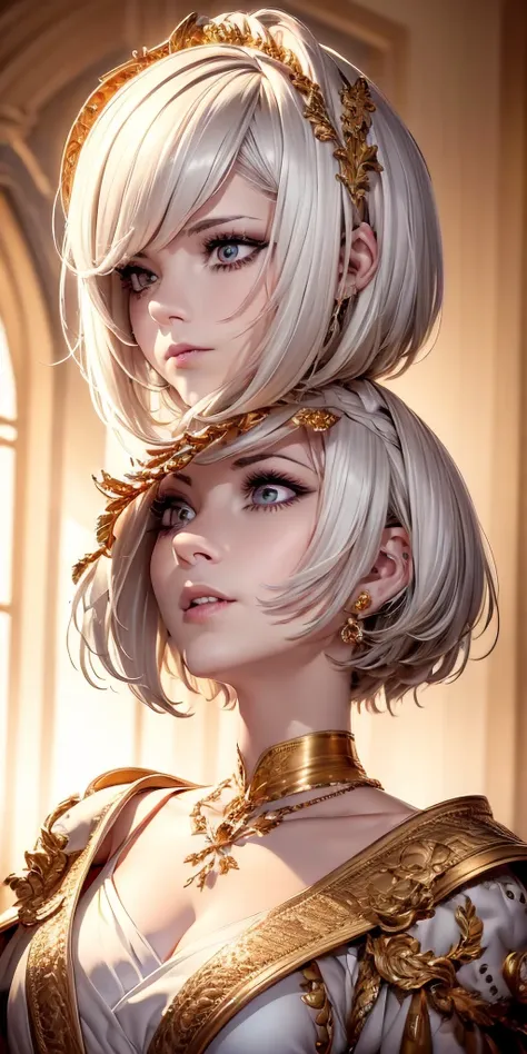 best quality, masterpiece, a portrait of white short hair lady, gold eyes,white clothes, royal clothes, menacing, detailed hair,...