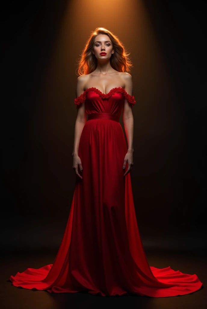 Song contest poster, black background, woman in red dress, light shining on the woman.