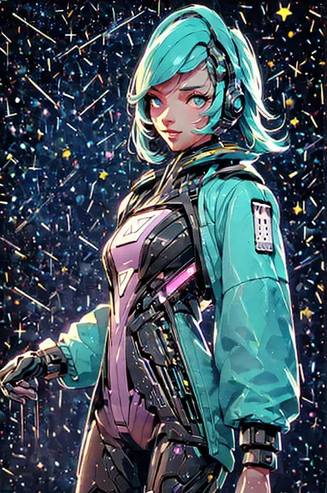 A woman in a purple jacket and black boots holding a gun Starry sky and zodiac constellations, The purple hue is like a nebula, Vast space, Cyber punk perssonage bottom city, illustratio, (1 lady:1), ( Background with:black and yellow Background with1.4), ...