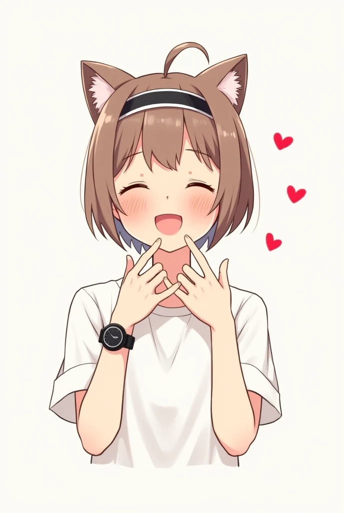 The image is a cute, anime-style illustration of a young person smiling cheerfully. They are wearing a headband with cat ears, giving them a playful and fun appearance. The character is making a "paw" gesture with both hands, adding to the cat-like theme. ...