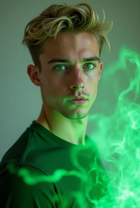 A realistic and quality photo of a young man with green powers and green eyes, white skin and blond hair 