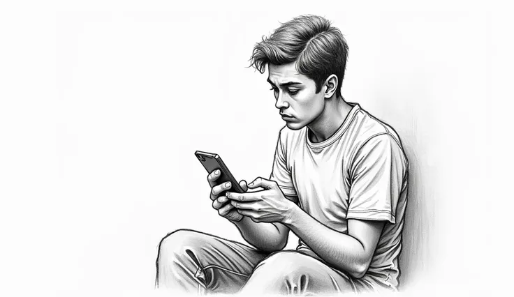 create an image of a person using their cell phone and feeling bored by what they are observing, create this image as if it were a realistic drawing where it is still possible to see some pen lines, do it in black and white