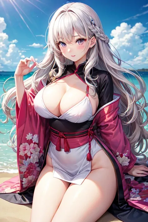 Although she has a slim figure、Please draw a woman with large breasts。, White skin and long, wavy white hair。, Pink-eyed、Japanese manga style woman。