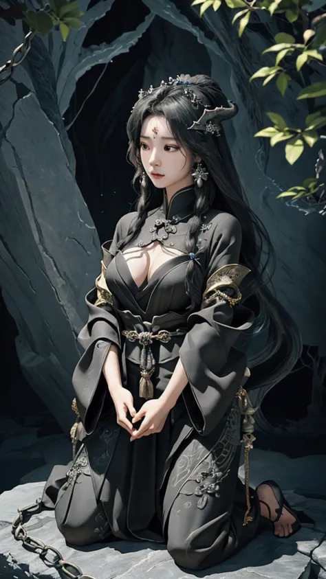 Cave.abyss,A large stone pillar,full of artistic textures,An oriental black dragon princess is kneeling on the stone osmanthus,long hair shawl,Big breasts,Black Chinese style Hanfu,Hands wrapped in chains,masterpiece, Ultra HD, Close-up,, movie lighting ef...