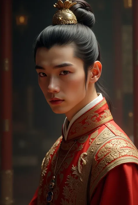 A young man of the Eastern Imperial Family, elegant and refined facial features, piercing eyes, delicate nose and lips, long eyelashes, ornate traditional clothing, regal posture, dramatic lighting, dark moody atmosphere, cinematic composition, digital pai...