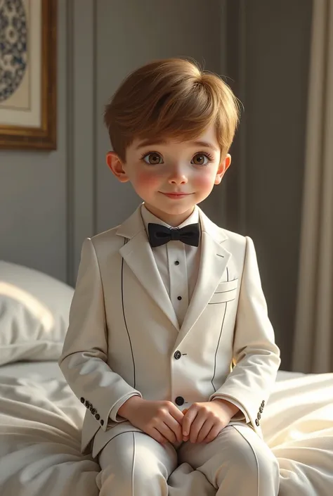 Photo of a boy sitting on the bed in the bedroom, White skin, brown blonde hair, very elegant, very formal, white tuxedo with blue-gray stripes