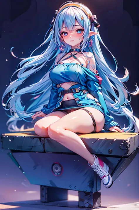 Detail image, realistic image, 1 elf. She has medium-long light blue hair which has strands of hair hanging over the right side of her face, large blue eyes and a delicate oval face, small breasts and a curvy figure. She is wearing an off-shoulder sweater ...