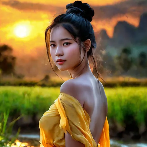 RAW, Best quality, high resolution, masterpiece: 1.3), beautiful Khmer-Chinese woman, Masterpiece, sun set, simple body, normal clothes, black chignon hair, open stand, realistic, dark hair, Soft smile, thick thighs, she is about 20 years old, pale white s...