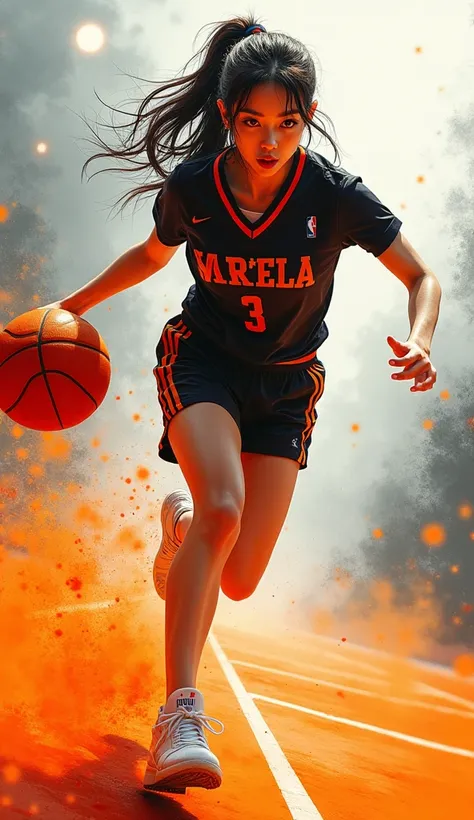 a k-pop girl, finely detailed beautiful face, crazy, jumping, Abstract basketball mid-dribble, watercolor splashes convey movement, dynamic perspective as if viewing from the court floor, blurred background suggests rapid motion, saturated hues of orange a...