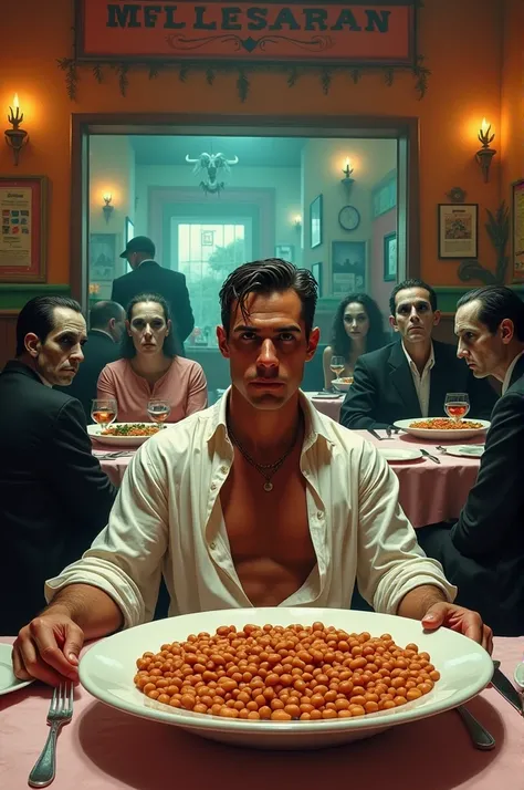 The image of a 4 man sitting in a Mexican restaurant dressed in white linen beachwear and a large plate of beans in front of him. Around him at other tables the diners and waiter are all noticeably vampires..