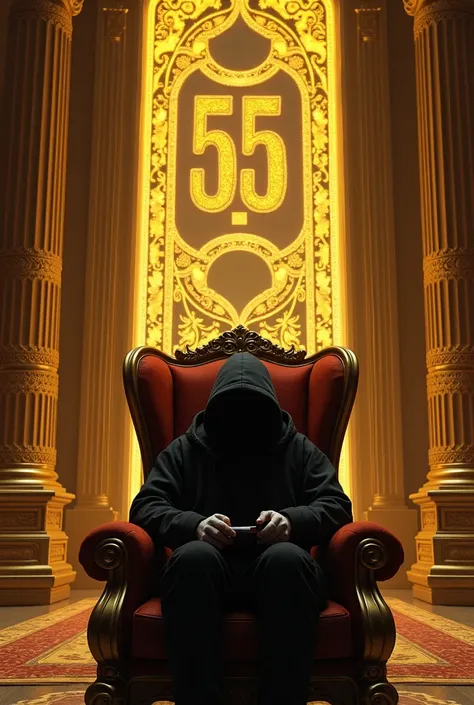 Hacker sitting on a chair inside a golden palace and in that palace there is the number 55