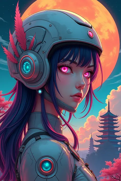 ((best quality)), ((masterpiece)), (detailed), perfect face of a phoenix japanese girl, neon rainbow eyes, metallic helmet, rainbow hair, ((monochromatic neon rainbow color palette)), surreal, art nouveau, in the illustrative style of moebius, spaceships, ...